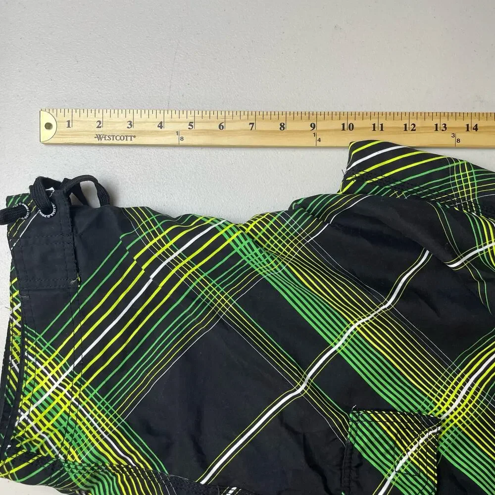 Point Zero Board  Shorts Size Large Plaid Black Green Yellow White‎ Swimwear